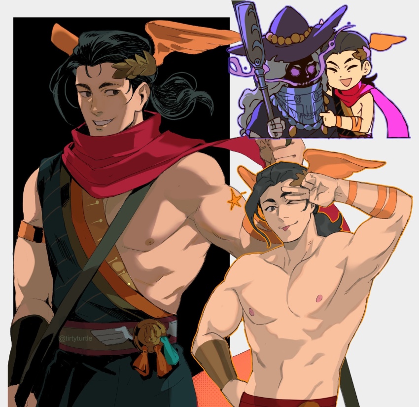2boys :d :p ^_^ arm_hug black_hair charon_(hades) chibi chibi_inset closed_eyes commentary english_commentary grey_hair grin hades_(series) hades_2 head_wings hermes_(hades) highres long_hair male_focus multiple_boys multiple_views nipples open_mouth orange_wings ponytail red_scarf scarf smile tirtyturtle tongue tongue_out twitter_username wings