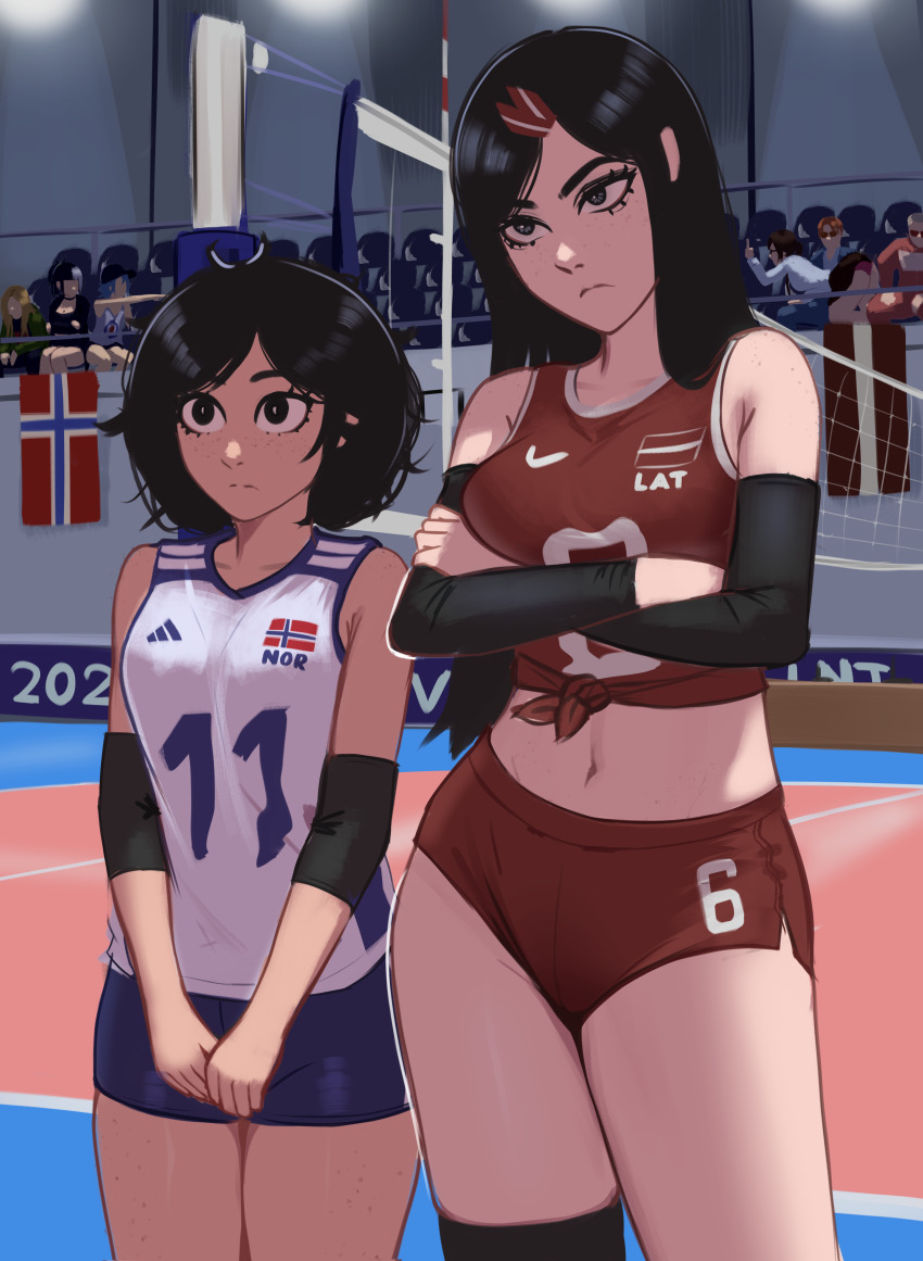 2boys 6+girls absurdres adidas arm_warmers audience black_eyes black_hair blue_eyes blue_shorts body_freckles bored breasts buruma contrapposto crop_top crossed_arms elbow_pads freckles gym_shirt gym_shorts gym_uniform hair_ornament hairclip head_tilt height_difference highres indoors jessie_(veyonis) kadence_(veyonis) latvia latvian_flag long_hair looking_ahead medium_breasts messy_hair midriff mika_(veyonis) multiple_boys multiple_girls navel nervous norway norwegian_flag original red_buruma rosen_(veyonis) shirt shorts sportswear standing straight_hair tall_female thighs v_arms veyonis volleyball_net volleyball_uniform wide-eyed wide_hips yuna_(veyonis)