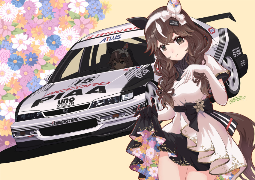 1girl animal_ears asymmetrical_gloves atlus black_gloves braid braided_sidelocks bridgestone brown_eyes brown_hair car clothes_lift curren_bouquetd&#039;or_(umamusume) dress dress_lift elbow_gloves epson flower gloves hair_between_eyes hairband highres honda honda_accord horse_ears horse_girl looking_at_viewer low_twin_braids mismatched_ear_covers mismatched_gloves motor_vehicle multiple_views signature smile tomozo8674 twin_braids umamusume vehicle_focus white_gloves white_hairband yellow_background