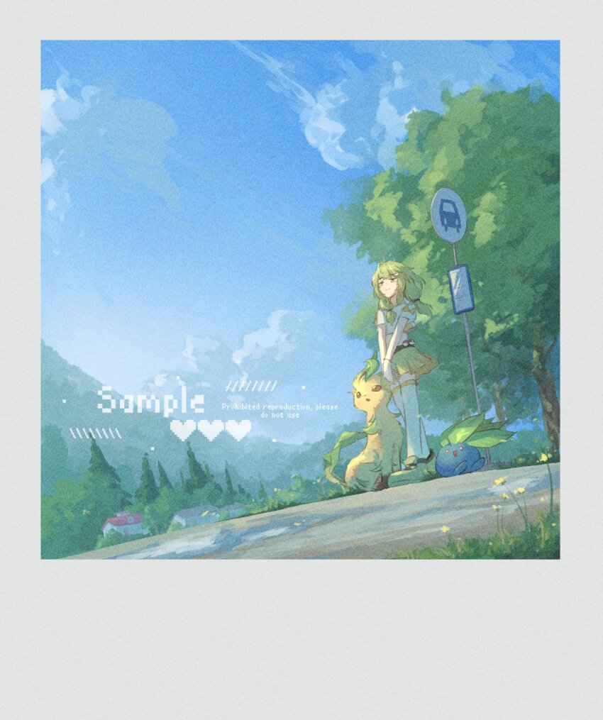 1girl :o blue_sky brown_eyes brown_fur bus_stop commission crop_top flower full_body game_freak gen_1_pokemon gen_4_pokemon green_eyes green_fur green_hair green_shoes green_skirt highres leaf leafeon looking_to_the_side nintendo oddish outdoors poke_ball poke_ball_(basic) pokemon pokemon_(creature) red_eyes robinlovesop shirt shoes simple_background skirt sky standing thighhighs twintails white_background white_shirt white_thighhighs yellow_flower yellow_fur