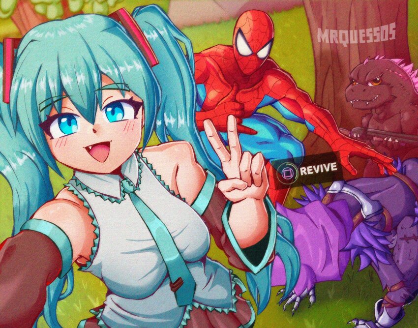 1boy 2girls :d adversarial_noise aqua_necktie aqua_trim artist_name bare_shoulders black_skirt black_sleeves blue_eyes blush bodysuit breasts button_prompt collarbone collared_shirt cross_promotion crossover day detached_sleeves english_text fallen_down fang fortnite gameplay_mechanics godzilla godzilla_(monsterverse) godzilla_(series) godzilla_evolved godzilla_x_kong:_the_new_empire bad_tag gun hair_between_eyes hair_ornament hands_on_ground hatsune_miku highres holding holding_gun holding_weapon king_kong_(series) legendary_pictures long_hair looking_at_viewer m/ marvel medium_breasts monsterverse mrquessos multiple_crossover multiple_girls necktie open_mouth outdoors playstation_symbols pleated_skirt pump-action_shotgun pump_action raven_team_leader reaching reaching_towards_viewer remington_870 selfie shirt shotgun skirt smile spider-man spider-man_(series) tie_clip toho tree twintails v vocaloid watermark weapon white_shirt