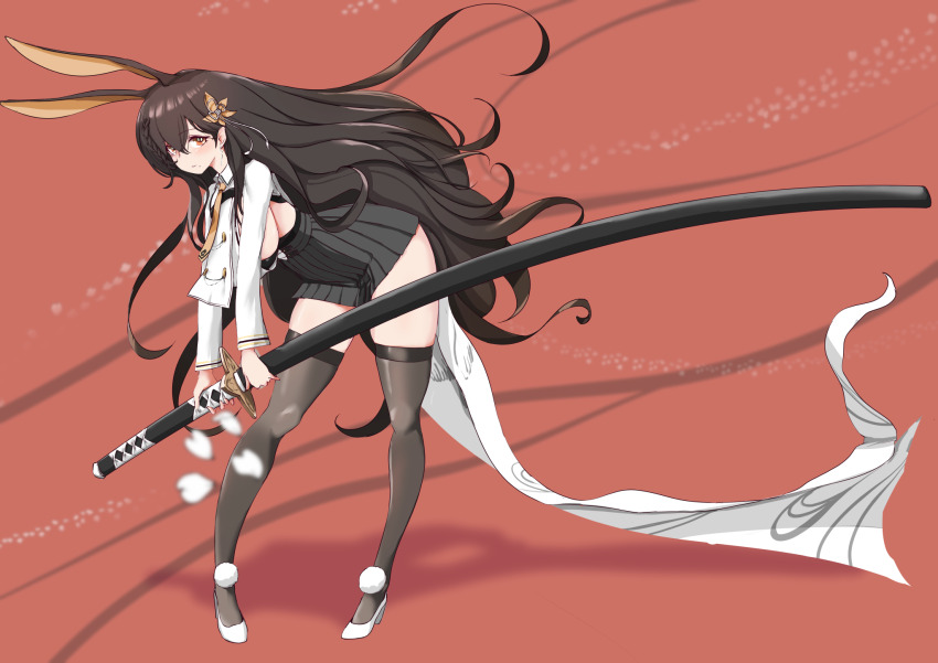 1girl animal_ears azur_lane black_skirt braid breast_curtain breasts brown_eyes brown_hair chikuma_(azur_lane) collared_shirt flower_knot hair_between_eyes hair_ornament high_heels highres holding holding_sword holding_weapon katana long_hair medium_breasts mole mole_under_mouth necktie orange_necktie p.i.t.d pleated_skirt pom_pom_(clothes) rabbit_ears scabbard shadow sheath shirt skirt solo sword thighhighs weapon white_footwear white_shirt zettai_ryouiki