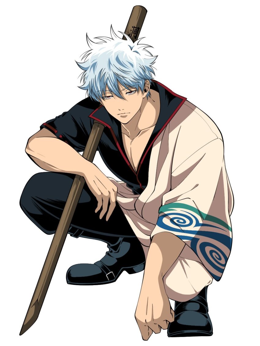 1boy black_boots black_pants black_shirt blue_hair bokken boots collarbone gintama hadanugi_dousa highres japanese_clothes kimono kneeling long_sleeves looking_at_viewer male_focus open_kimono pants popped_collar red_eyes sakata_gintoki shirt short_sleeves simple_background solo sword weapon white_background white_kimono wide_sleeves wooden_sword yubi_nui21