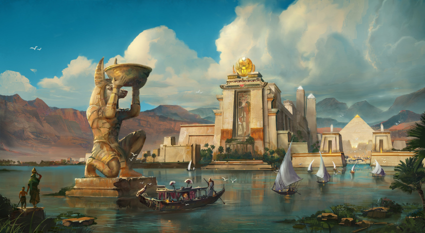 ancient_egyptian ancient_egyptian_architecture blue_sky boat building cloud day egypt flaviobolla original outdoors palm_tree pyramid_(structure) sail sky statue tree water watercraft