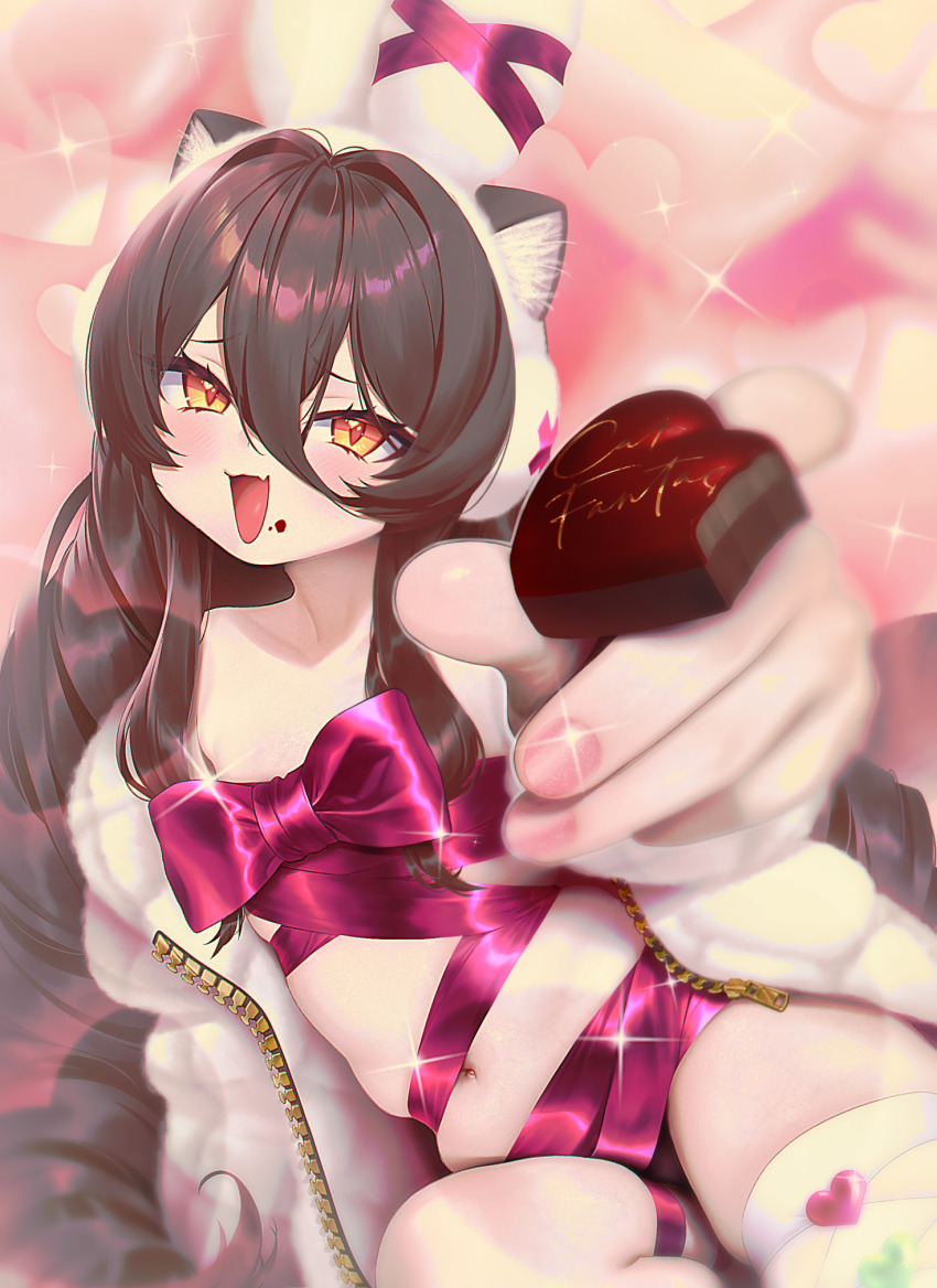 1girl :d animal_ears black_hair blush cat_ears cat_fantasy chocolate evelina_(cat_fantasy) hair_between_eyes highres jacket long_hair looking_at_viewer navel open_mouth ribbon smile solo thighhighs very_long_hair white_thighhighs xxzero yellow_eyes