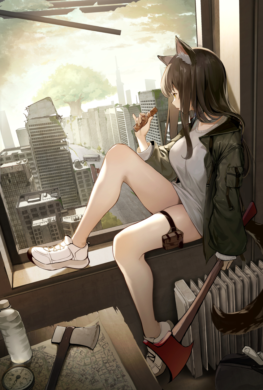 1girl absurdres air_conditioner animal_ears axe bag bare_legs bottle breasts brown_hair building bus candy chocolate chocolate_bar commentary_request compass dampi duffel_bag fire_axe food from_inside green_jacket hatchet_(axe) highres holding holding_axe holding_chocolate holding_food holster jacket korean_commentary large_breasts long_hair long_legs looking_outside map motor_vehicle no_legwear no_socks original post-apocalypse shirt shoes sitting sneakers solo sunlight sweater table tail thigh_holster thighs tower tree water_bottle white_shirt white_shoes white_sweater window yellow_eyes