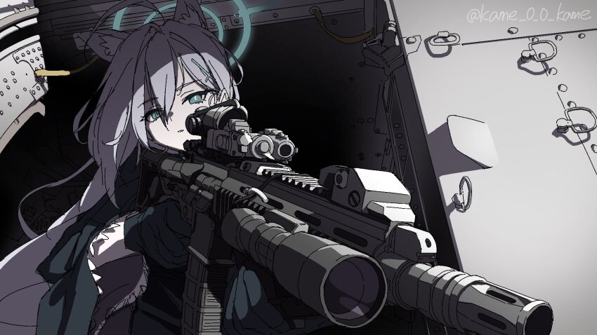 1girl ahoge aiming animal_ear_fluff animal_ears assault_rifle black_dress black_gloves blue_archive blue_halo cross_hair_ornament double-parted_bangs dress gloves green_eyes grey_hair gun hair_between_eyes hair_ornament halo highres holding holding_gun holding_weapon kame_0_0_kame long_hair looking_through_scope rifle shiroko_(blue_archive) shiroko_terror_(blue_archive) signature solo weapon weapon_request wide_sleeves wolf_ears