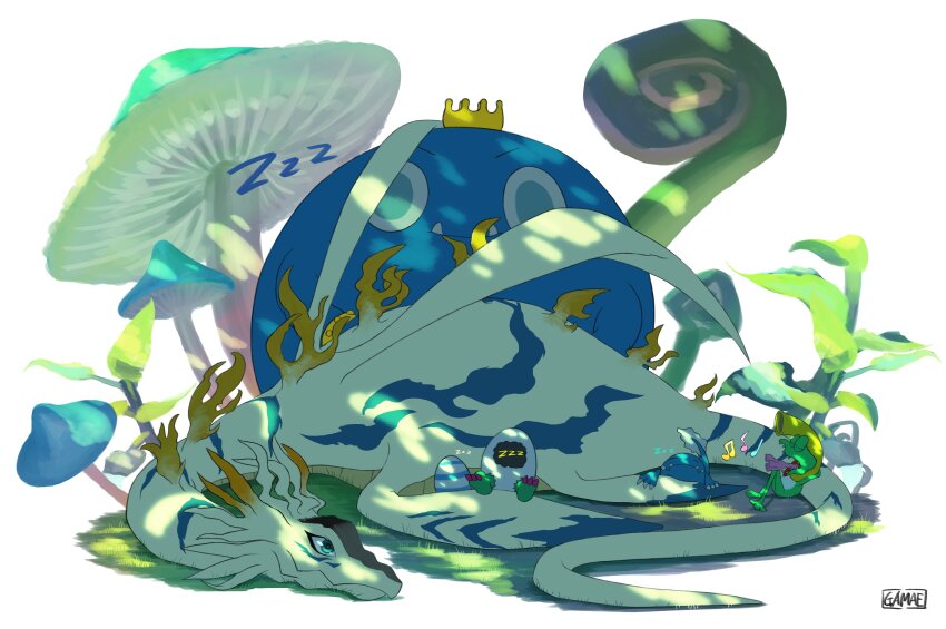 absurdres bird blue_eyes crow digimon digimon_(creature) digitama digitamamon egg gekomon highres mushroom otamamon otamamon_x-antibody plesiomon plesiosaur sleeping tail