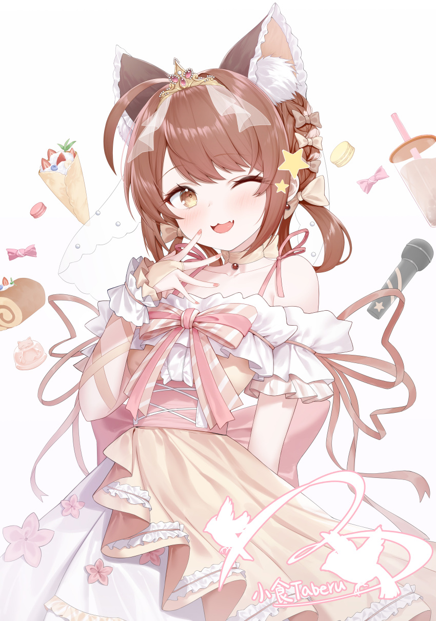 1girl ;d absurdres animal_ears bare_shoulders bridal_gauntlets brown_eyes brown_hair cake cat_ears collarbone commentary_request copyright_request crepe cup disposable_cup dress drinking_straw fang food highres looking_at_viewer macaron microphone nail_polish one_eye_closed open_mouth pink_nails roi_(liu_tian) signature simple_background smile solo swiss_roll virtual_youtuber white_background white_dress wrist_cuffs