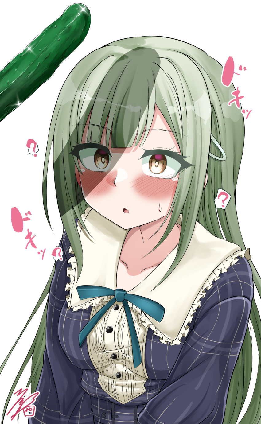 1girl ? absurdres artist_name bang_dream! bang_dream!_it&#039;s_mygo!!!!! blue_shirt blunt_bangs blush breasts buttons collarbone commentary_request cucumber frilled_shirt frilled_shirt_collar frills green_hair hair_ornament hairclip highres long_hair long_sleeves looking_at_object looking_up medium_breasts mortis_(bang_dream!) mortis_(persona)_(bang_dream!) phallic_symbol plaid_clothes plaid_shirt sexually_suggestive shirt signature simple_background solo sparkle speech_bubble spoken_question_mark sweatdrop translation_request upper_body wakaba_mutsumi white_background wide-eyed ya-man yellow_eyes