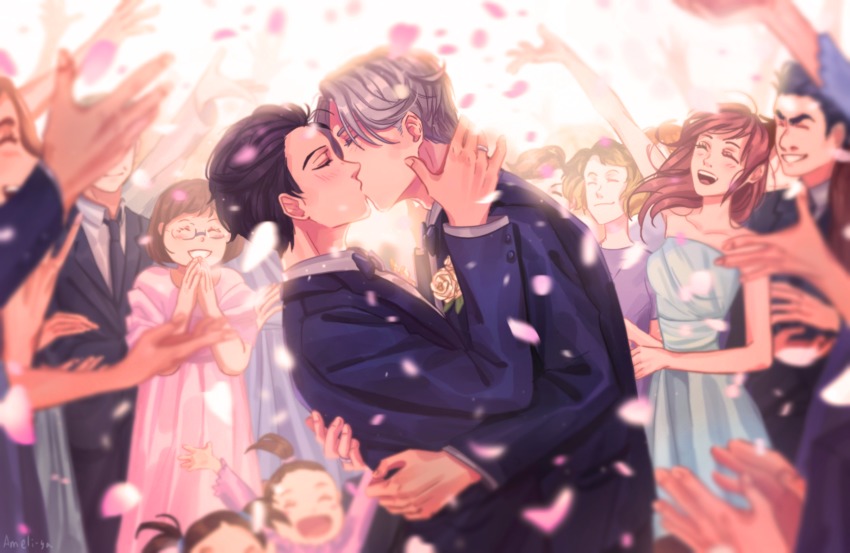 10s 2boys ameli-ya bad_id bad_pixiv_id black_hair blonde_hair blue_dress blush boutonniere cherry_blossoms child closed_eyes dress formal_clothes glasses groom hands_up highres hug katsuki_hiroko katsuki_toshiya katsuki_yuuri kiss male_focus multiple_boys nishigoori_axel nishigoori_loop nishigoori_takeshi nishigoori_yuuko petals ponytail smile suit viktor_nikiforov wedding yaoi yuri!!!_on_ice