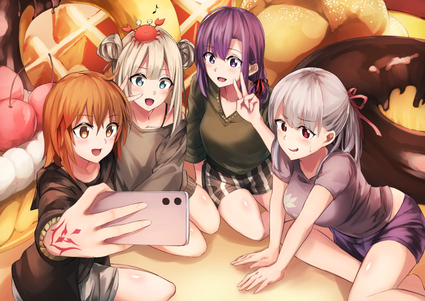 4girls absurdres ahoge bad_id bad_pixiv_id black_shirt blouse blue_eyes blush breasts cellphone command_spell contemporary crab_on_head double_bun fate/grand_order fate_(series) floral_print fujimaru_ritsuka_(female) grey_shirt grey_shorts hair_between_eyes hair_bun hair_ribbon hand_tattoo highres kama_(fate) large_breasts long_hair marie_antoinette_(fate) marie_antoinette_(swimsuit_caster)_(first_ascension)_(fate) matou_sakura medium_breasts multiple_girls one_side_up open_mouth orange_eyes orange_hair parvati_(fate) phone purple_eyes purple_hair purple_shirt purple_shorts red_eyes ribbon selfie sh22 shirt short_hair short_shorts shorts sidelocks silver_hair smile striped_clothes striped_shorts tattoo thighs