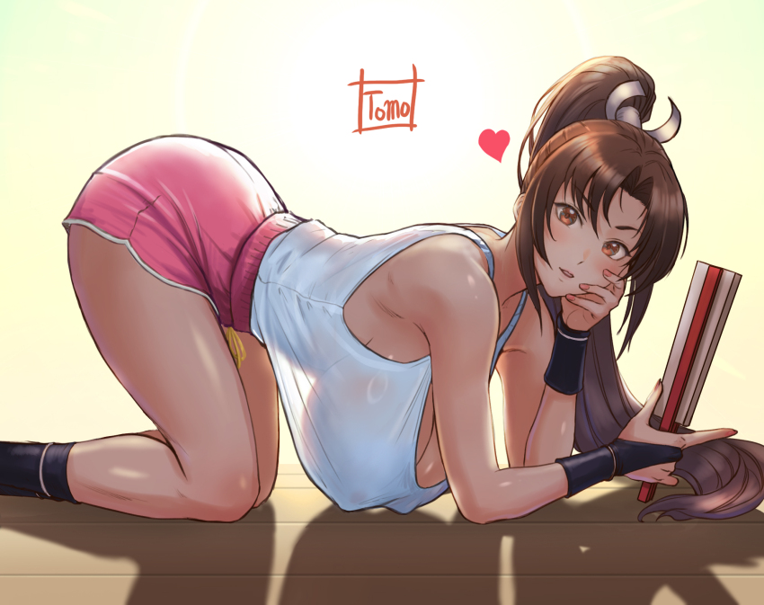1girl all_fours bare_shoulders blush breasts brown_eyes brown_hair commentary_request covered_erect_nipples dolphin_shorts elbow_rest fatal_fury feet_out_of_frame folded_fan folding_fan from_side hand_fan head_rest heart high_ponytail highres holding holding_fan large_breasts long_hair looking_at_viewer looking_to_the_side motoyui official_alternate_costume parted_lips pink_shorts ponytail see-through_clothes see-through_shirt shiranui_mai shirt shorts solo street_fighter street_fighter_6 tank_top tomo_eokaiteru white_tank_top wooden_floor
