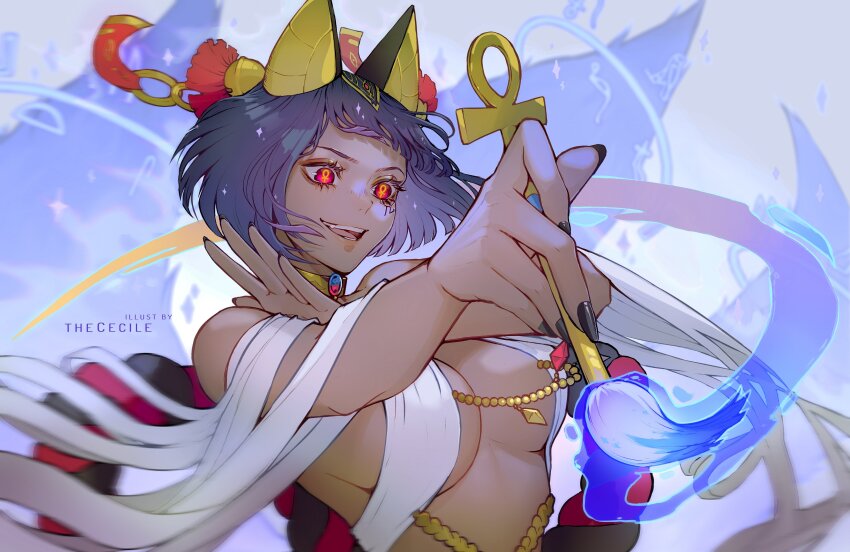 1girl absurdres ancient_egyptian ancient_egyptian_clothes animal_ears ankh ankh-shaped_pupils art_brush artist_name bandages bell black_hair black_nails blunt_bangs blurry blurry_background bow breasts choker dark_skin eye_tattoo fang hair_bell hair_ornament hand_on_own_arm highres indie_virtual_youtuber jewelry magic medium_breasts multiple_tails neferu_(vtuber) open_mouth paint paintbrush red_eyes short_hair smile solo tail teeth the_cecile tongue two-tone_bow two-tone_choker v-shaped_eyebrows