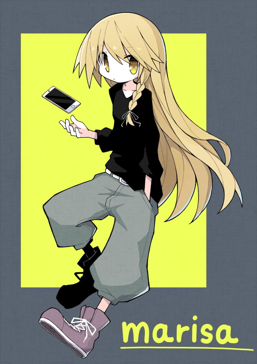1girl alternate_costume asameshi black_shirt blonde_hair bow braid brown_footwear cellphone character_name closed_mouth contemporary full_body hair_bow hand_in_pocket highres kirisame_marisa long_hair long_sleeves looking_at_viewer pants phone shirt side_braid simple_background single_braid smartphone solo touhou yellow_eyes