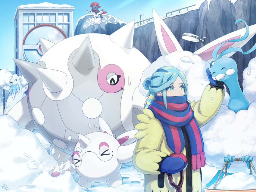 &gt;_&lt; 1boy altaria beartic blue_mittens blue_scarf cetitan cetoddle closed_eyes commentary_request day eyelashes frosmoth gen_3_pokemon gen_4_pokemon gen_5_pokemon gen_8_pokemon green_eyes green_hair grusha_(pokemon) hand_up highres jacket long_hair long_sleeves male_focus min_(myna8247) mittens nintendo outdoors pokemon pokemon_(creature) pokemon_sv scarf sky snow striped_clothes striped_scarf weavile yellow_jacket