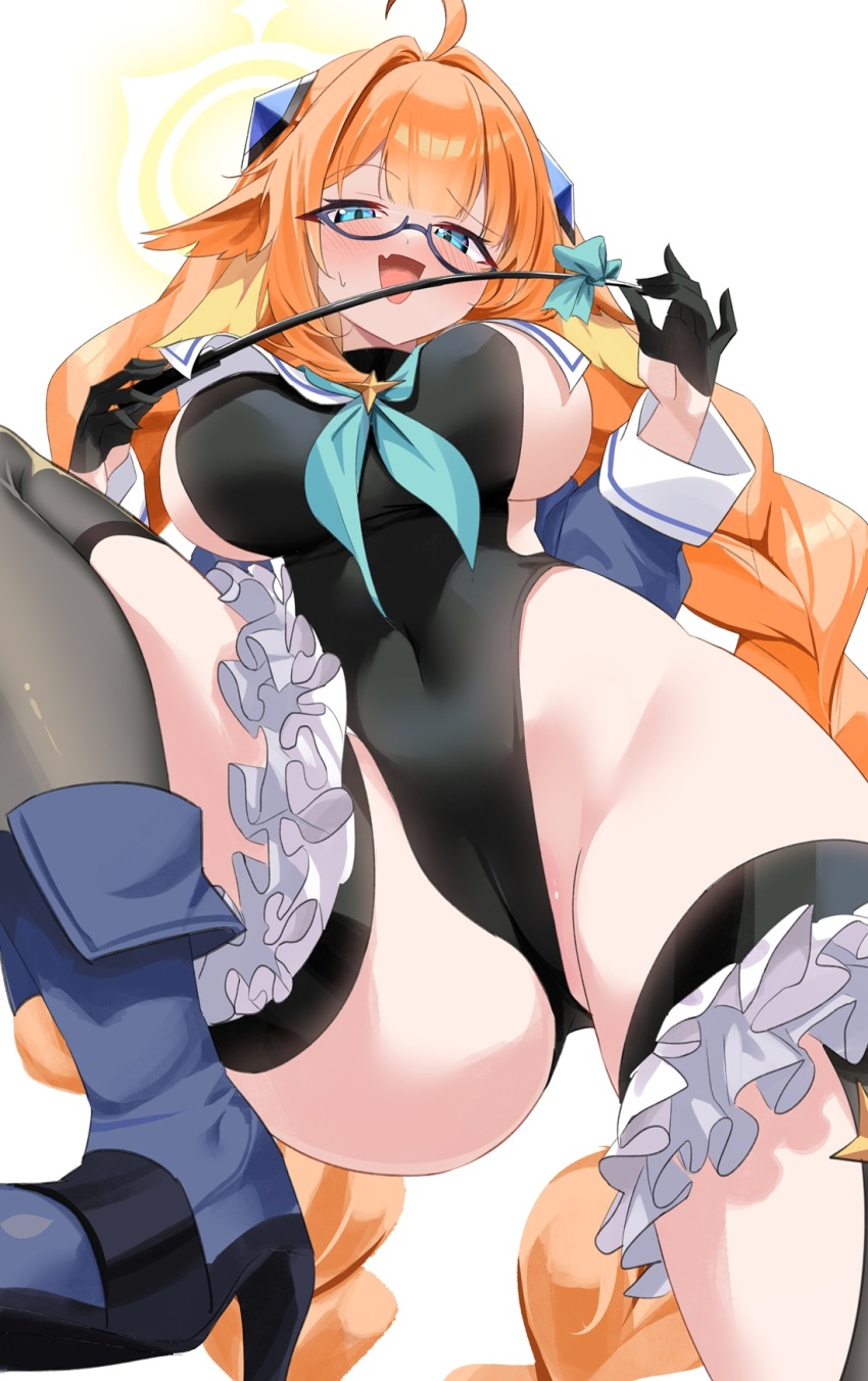1girl ahoge black_leotard black_thighhighs blue_archive blue_eyes blue_shoes blue_shrug blush braid breasts covered_navel fang green_neckerchief green_ribbon groin halo highleg highleg_leotard highres large_breasts leotard long_hair looking_at_viewer neckerchief open_mouth orange_hair ragnaveldt ribbon sailor_collar shimiko_(blue_archive) shimiko_(magical)_(blue_archive) shoes shrug_(clothing) sideboob skin_fang solo thighhighs thighs twin_braids very_long_hair white_sailor_collar yellow_halo