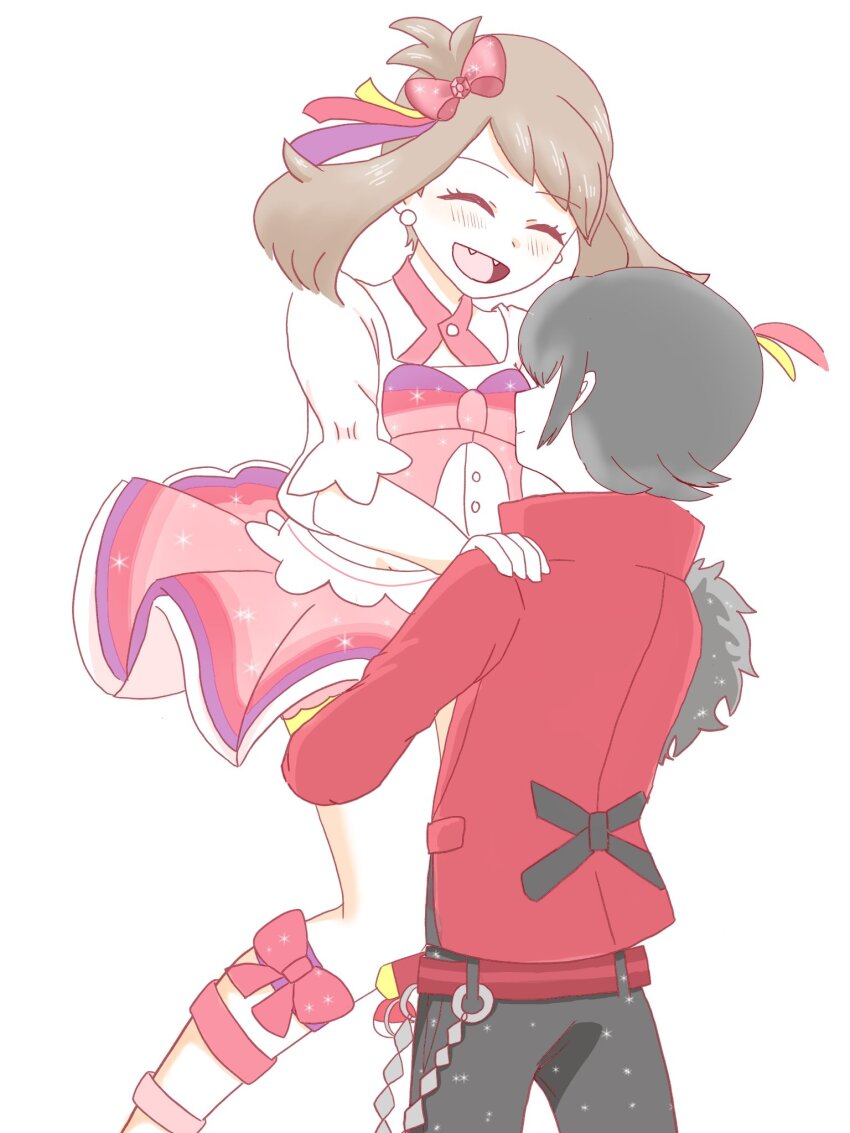 1boy 1girl bad_tag belt black_hair black_pants blush bow brendan_(pokemon) brown_hair carrying closed_eyes dress fang hair_bow highres holding hug ki_(6zxopyd3r) may_(contest)_(pokemon) may_(pokemon) medium_hair nintendo open_mouth pants pink_bow pink_dress pokemon pokemon_adventures red_shirt shirt simple_background smile white_background