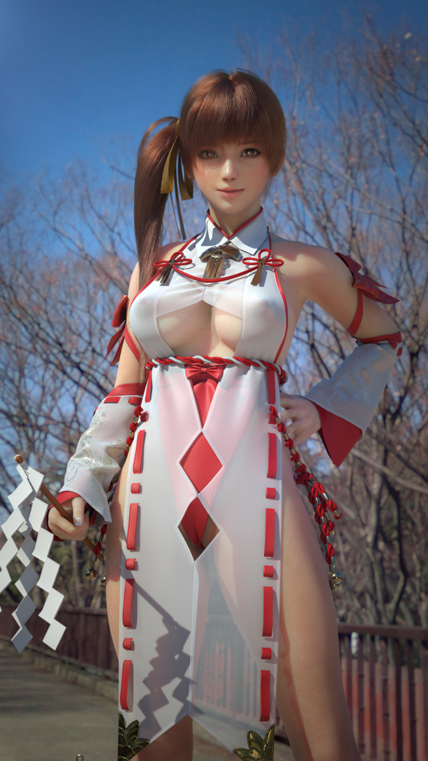 1girl bare_legs bare_shoulders breasts covered_erect_nipples dead_or_alive highres incise_soul kasumi_(doa) large_breasts legs long_hair looking_at_viewer m-rs pussy pussy_peek see-through_clothes sleeveless standing thighs transparent tree underboob