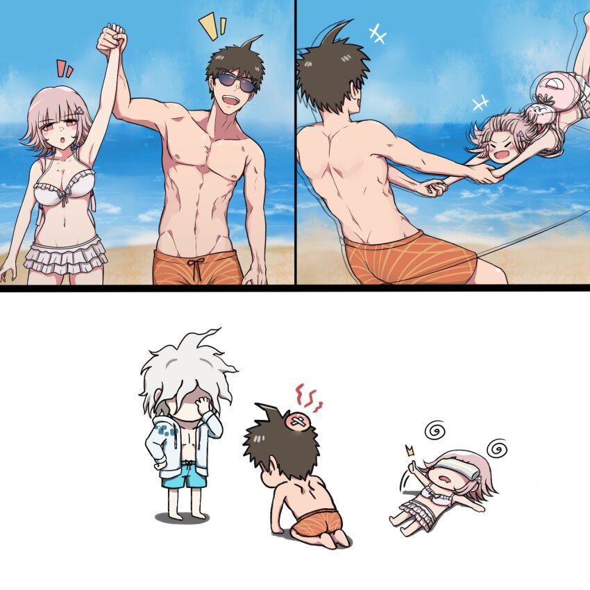 1girl 2boys :d :o ahoge animal_bag arm_up bikini breasts brown_hair cat_bag chibi danganronpa_(series) danganronpa_2:_goodbye_despair day green_male_swimwear grey_bikini grey_hair happy head_bump highres hinata_hajime hug jacket kmnm_1403 kneeling komaeda_nagito large_breasts layered_bikini lying male_swimwear medium_hair messy_hair mole mole_on_breast multiple_boys nanami_chiaki navel notice_lines on_back open_clothes open_jacket open_mouth orange_male_swimwear outdoors pink_bag pink_hair short_hair smile standing stomach sunglasses swimsuit swinging teeth topless_male upper_teeth_only white_jacket