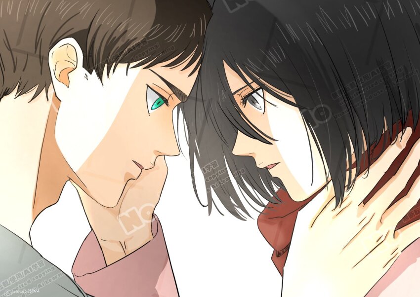 1boy 1girl black_hair blue_eyes brown_hair cardigan close-up commentary_request eren_yeager forehead-to-forehead from_side grey_eyes grey_shirt hand_on_another&#039;s_cheek hand_on_another&#039;s_face heads_together long_sleeves looking_at_another medium_hair mikasa_ackerman parted_lips peanuts261912 pink_cardigan profile red_scarf scarf shingeki_no_kyojin shirt short_hair upper_body watermark white_background