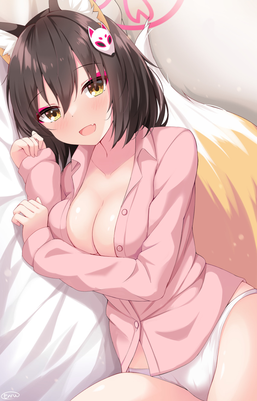 absurdres animal_ears blue_archive blush breasts brown_hair enru eyeshadow fang fox_ears fox_girl fox_hair_ornament fox_tail halo highres izuna_(blue_archive) long_sleeves lying makeup medium_breasts medium_hair no_pants on_bed on_side open_clothes open_mouth open_shirt panties partially_unbuttoned pink_shirt red_eyeshadow shirt skin_fang sleeves_past_wrists smile tail underwear white_panties yellow_eyes