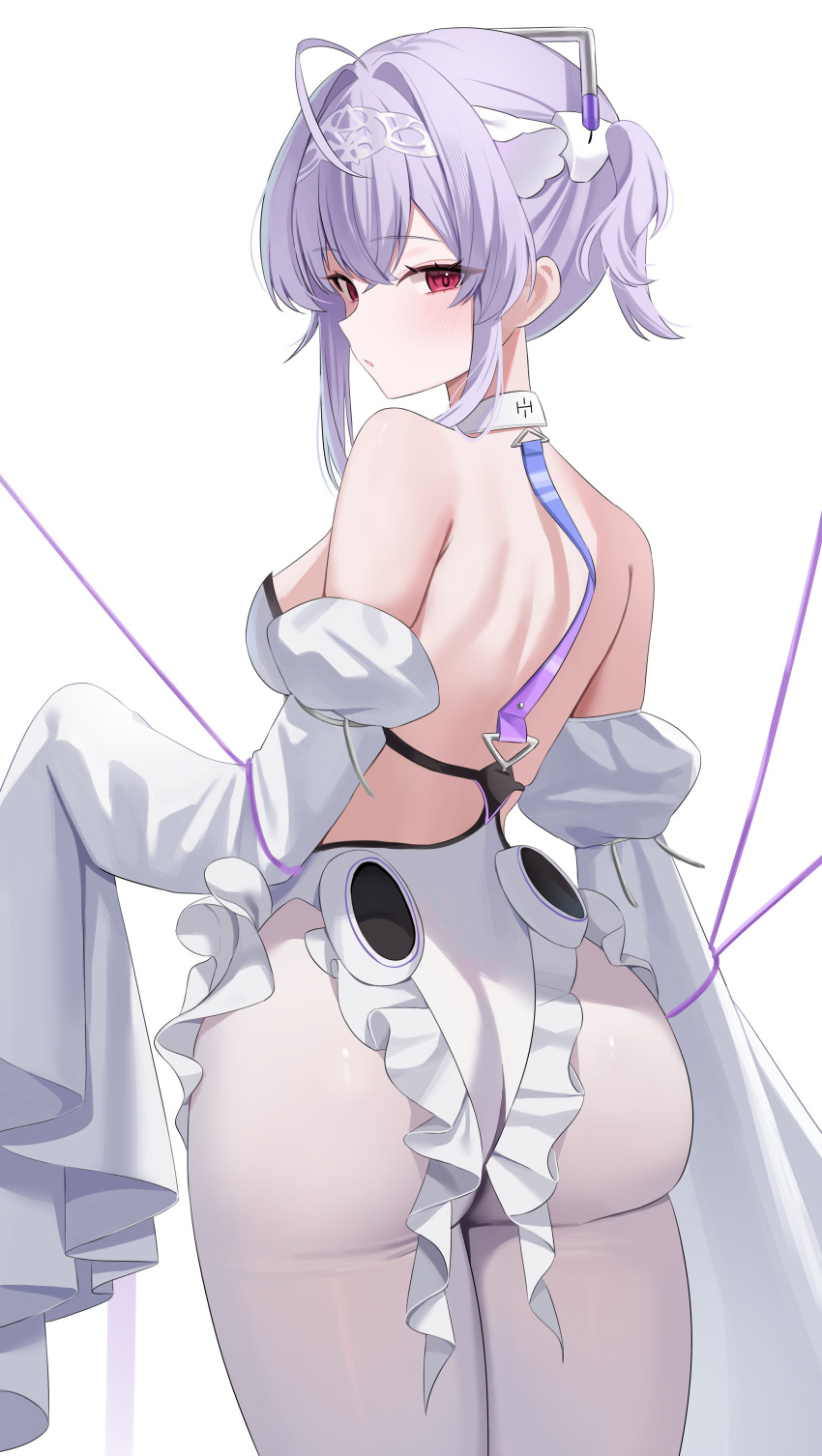 1girl absurdres ahoge ass backless_leotard bare_shoulders breasts commentary crossed_bangs detached_sleeves frilled_leotard frills from_behind goddess_of_victory:_nikke hair_between_eyes highres juliet_sleeves leotard liberalio_(nikke) long_sleeves looking_at_viewer looking_back medium_breasts nannung one_side_up pantyhose puffy_sleeves purple_hair red_eyes short_hair shoulder_blades simple_background sleeves_past_fingers sleeves_past_wrists solo standing strapless strapless_leotard symbol-only_commentary very_long_sleeves white_background white_leotard white_pantyhose