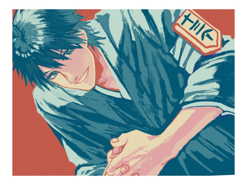 1boy a_nzi_end armband badge black_eyes black_hair black_shirt bleach border close-up dutch_angle hair_between_eyes hands_on_lap highres japanese_clothes male_focus own_hands_together red_background shiba_kaien shihakusho shinigami shirt sitting smile solo white_border