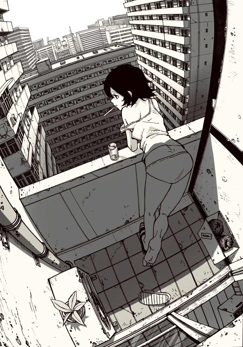 1girl absurdres air_conditioner architecture balcony bent_over building cityscape fisheye flip-flops from_behind greyscale highres looking_to_the_side medium_hair monochrome mouth_hold omao original outdoors panties industrial_pipe plant potted_plant profile sandals single_sandal solo strap_slip tank_top tile_floor tiles underwear underwear_only