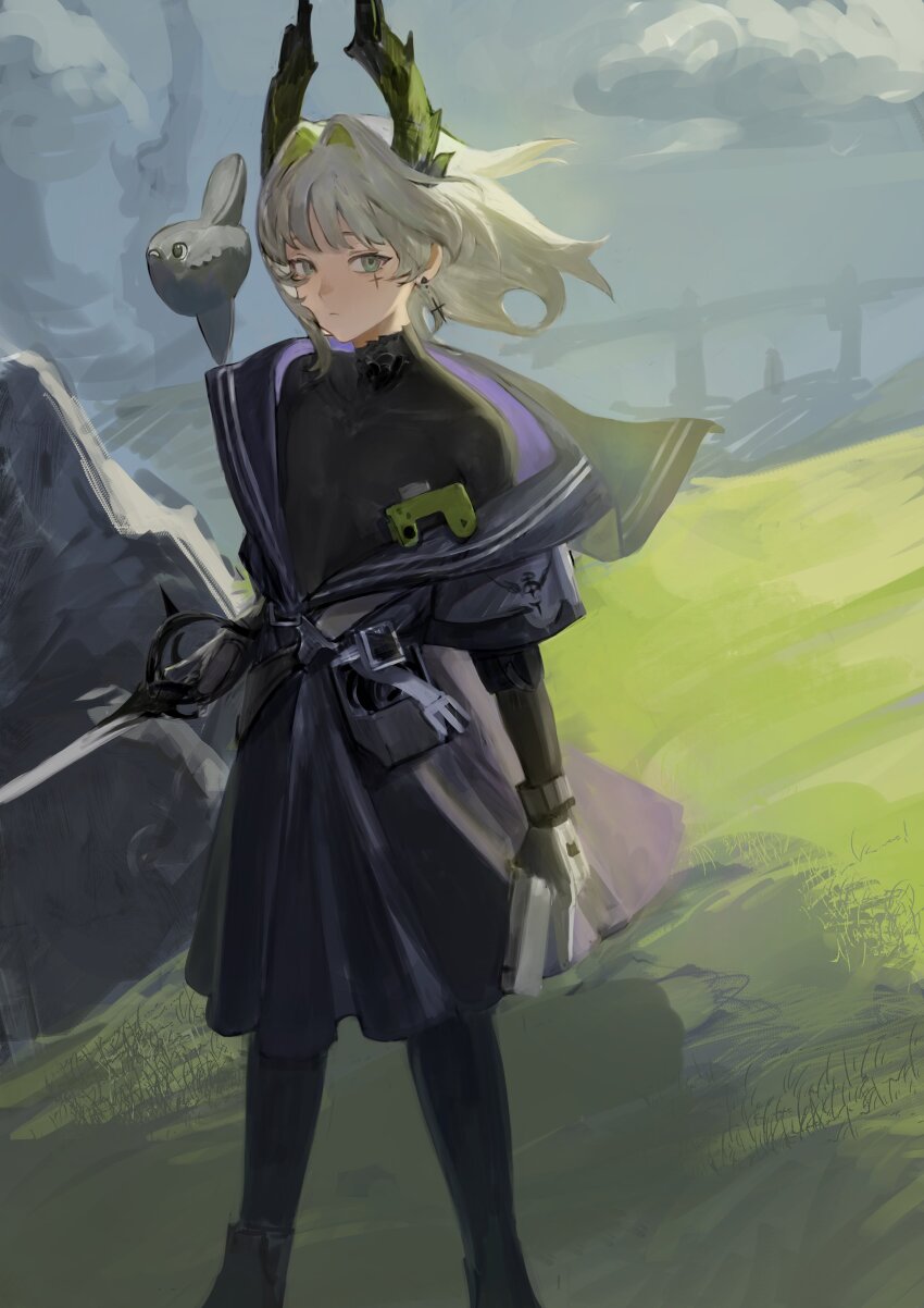 1girl absurdres arknights asymmetrical_dual_wielding black_pantyhose black_shirt blue_dress blue_eyes commentary_request cross cross_earrings cross_scar dress dual_wielding earrings feet_out_of_frame gloves grey_gloves grey_hair gun hair_intakes head_wings highres holding holding_gun holding_sword holding_weapon irene_(arknights) irene_(the_adjudicatrix_and_her_resolve)_(arknights) jewelry latin_cross long_sleeves medium_hair opah_(moonfish) pantyhose scar shirt solo standing sword turtleneck turtleneck_shirt weapon wings yomotobi