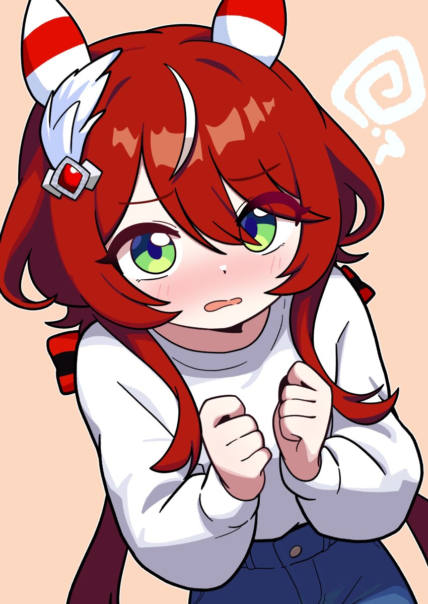 1girl absurdres animal_ears blue_pants blush bow brown_background casual clenched_hands ear_covers feather_hair_ornament feathers furrowed_brow green_eyes hair_between_eyes hair_bow hair_ornament highres horse_ears jorang_(jorang08) long_hair long_sleeves multicolored_hair open_mouth pants red_hair shirt shy solo squiggle streaked_hair umamusume upper_body white_shirt win_variation_(umamusume)