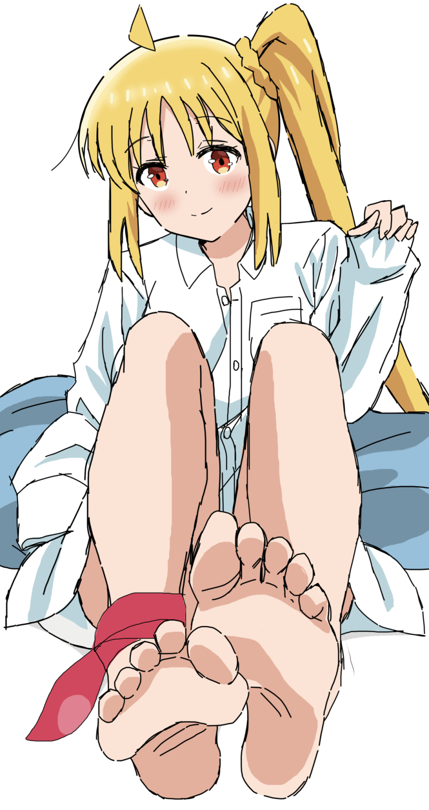 1girl barefoot blonde_hair blush bocchi_the_rock! feet highres ijichi_nijika long_hair looking_at_viewer red_eyes riokasen side_ponytail smile soles toes