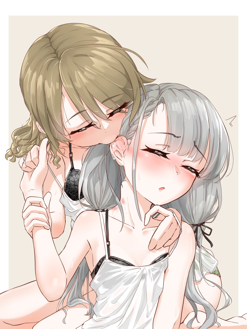 2girls absurdres asymmetrical_bangs biting biting_ear black_bra blonde_hair blush border bra braid braided_bangs camisole closed_eyes collarbone drill_hair grey_hair highres hisakawa_nagi holding_another&#039;s_wrist idolmaster idolmaster_cinderella_girls morikubo_nono multiple_girls outside_border saison_1253 saliva simple_background twintails underwear upper_body white_border white_camisole yuri