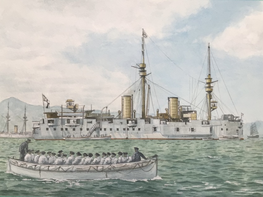 6+boys atelier_bono cloud cloudy_sky highres hill imperial_german_naval_jack ironclad junk mast military_vehicle multiple_boys original sailor ship sky smokestack sms_deutschland_(1874) vehicle_focus warship watercraft