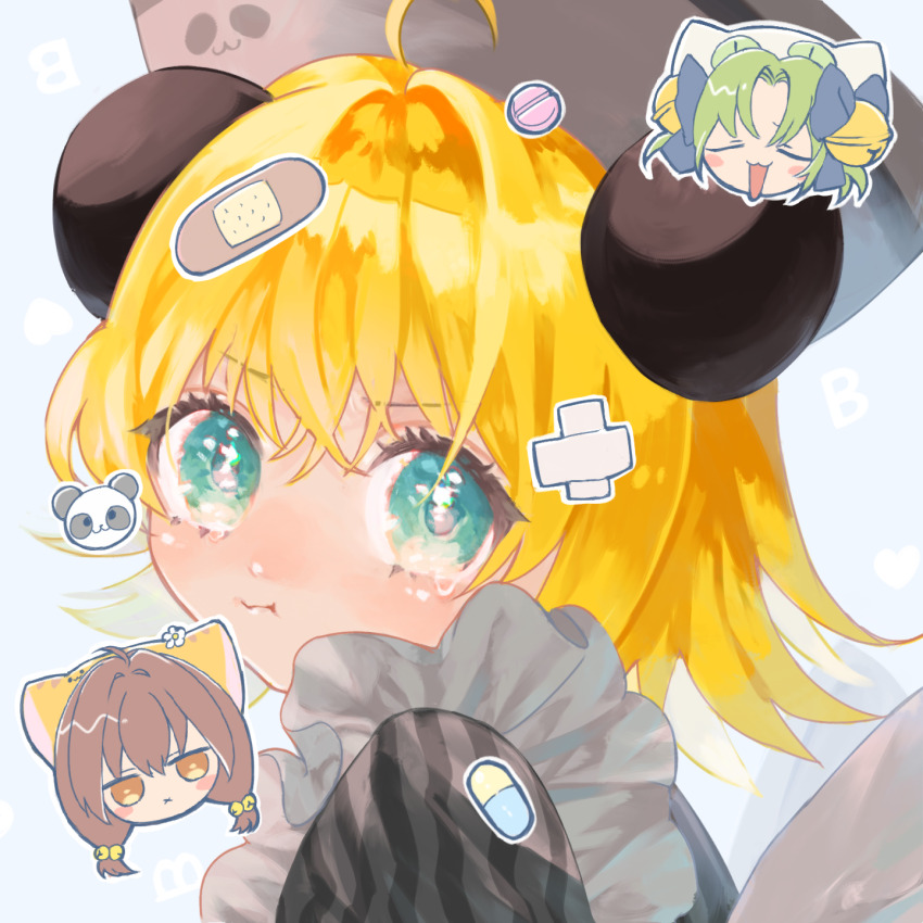 3girls 58_(scbaby) :t ahoge animal_ears apron aqua_eyes bandaid black_dress blonde_hair chibi chibi_inset closed_mouth commentary dejiko di_gi_charat dress flipped_hair grey_hat hair_between_eyes hat highres medium_hair multiple_girls nurse_cap panda_ears pill piyoko portrait puchiko solo_focus striped_clothes striped_dress symbol-only_commentary tearing_up v-shaped_eyebrows white_apron
