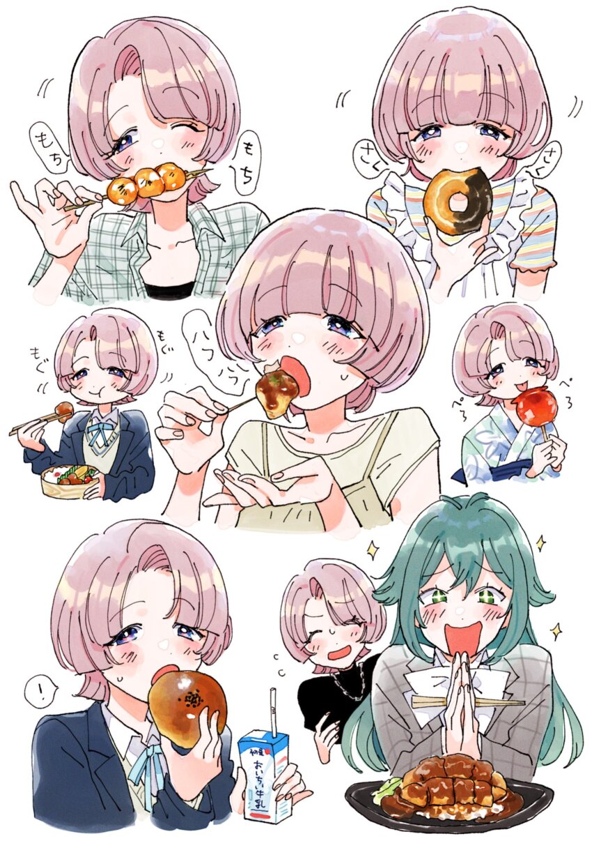 ! +_+ 2girls arimura_mao bento bread candy_apple chopsticks dango donut eating food gakuen_idolmaster green_eyes green_hair hair_flaps hatsuboshi_gakuen_school_uniform highres holding holding_carton holding_chopsticks holding_food holding_skewer idolmaster japanese_clothes kate_jgk kimono looking_at_food multiple_girls multiple_views palms_together pink_hair plaid_clothes plaid_shirt purple_eyes school_uniform shirt short_hair simple_background skewer spoken_exclamation_mark tsukimura_temari wagashi white_background