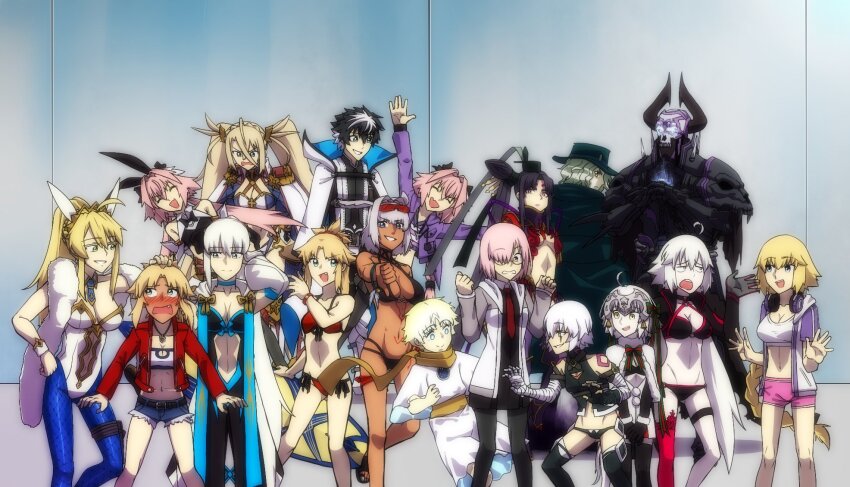 6+boys 6+girls alternate_costume animal_ears artoria_pendragon_(fate) artoria_pendragon_(swimsuit_ruler)_(fate) artoria_pendragon_(swimsuit_ruler)_(first_ascension)_(fate) astolfo_(fate) astolfo_(memories_at_trifas)_(fate) astolfo_(saber)_(fate) astolfo_(saber)_(first_ascension)_(fate) bandages belt black_belt black_hair blonde_hair blue_eyes blue_fire blush bra bradamante_(fate) bradamante_(third_ascension)_(fate) breasts caenis_(fate) caenis_(swimsuit_rider)_(fate) caenis_(swimsuit_rider)_(first_ascension)_(fate) cape charlemagne_(fate) charlemagne_(first_ascension)_(fate) closed_eyes dark_skin edmond_dantes_(fate) fang fate/grand_order fate_(series) fire glasses green_cape green_eyes green_hat hat headpat headphones headpiece highres holding holding_sword holding_weapon hood hoodie horns jack_the_ripper_(fate/apocrypha) jacket jeanne_d&#039;arc_(fate) jeanne_d&#039;arc_alter_(fate) jeanne_d&#039;arc_alter_(swimsuit_berserker)_(fate) jeanne_d&#039;arc_alter_santa_lily_(fate) king_hassan_(fate) large_breasts lazyartlazy12 leotard mash_kyrielight medium_breasts mordred_(fate) mordred_(memories_at_trifas)_(fate) mordred_(swimsuit_rider)_(fate) mordred_(swimsuit_rider)_(first_ascension)_(fate) morgan_le_fay_(fate) morgan_le_fay_(second_ascension)_(fate) multicolored_hair multiple_boys multiple_girls open_clothes open_mouth pink_hair pink_shorts playboy_bunny ponytail purple_eyes purple_jacket rabbit_ears scarf shirt shorts small_breasts swimsuit sword taira_no_kagekiyo_(fate) tank_top thumbs_down twintails underwear ushiwakamaru_(fate) voyager_(fate) weapon white_cape white_hair white_hoodie white_shirt yellow_eyes