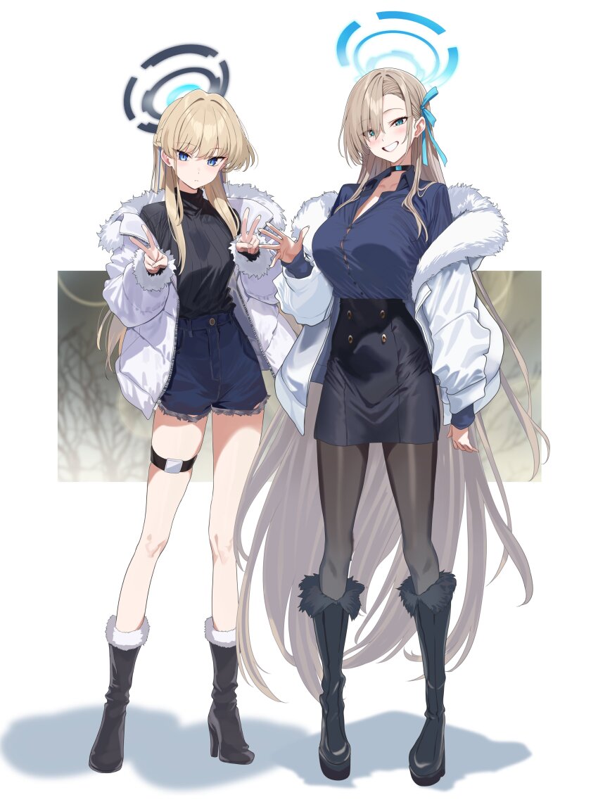 2girls absurdres alternate_costume asuna_(blue_archive) black_halo black_shirt black_shoes black_skirt blonde_hair blue_archive blue_eyes blue_halo blue_shirt blue_shorts blush boots breasts brown_hair choker closed_mouth commentary_request cutoffs denim denim_shorts double_v full_body fur-trimmed_boots fur-trimmed_jacket fur_trim hair_over_one_eye hair_ribbon halo hidis0086 highres jacket large_breasts long_hair looking_at_viewer multiple_girls pantyhose pencil_skirt ribbon shirt shoes shorts skirt smile solo sweater sweater_tucked_in thigh_strap toki_(blue_archive) turtleneck turtleneck_sweater v very_long_hair white_jacket winter