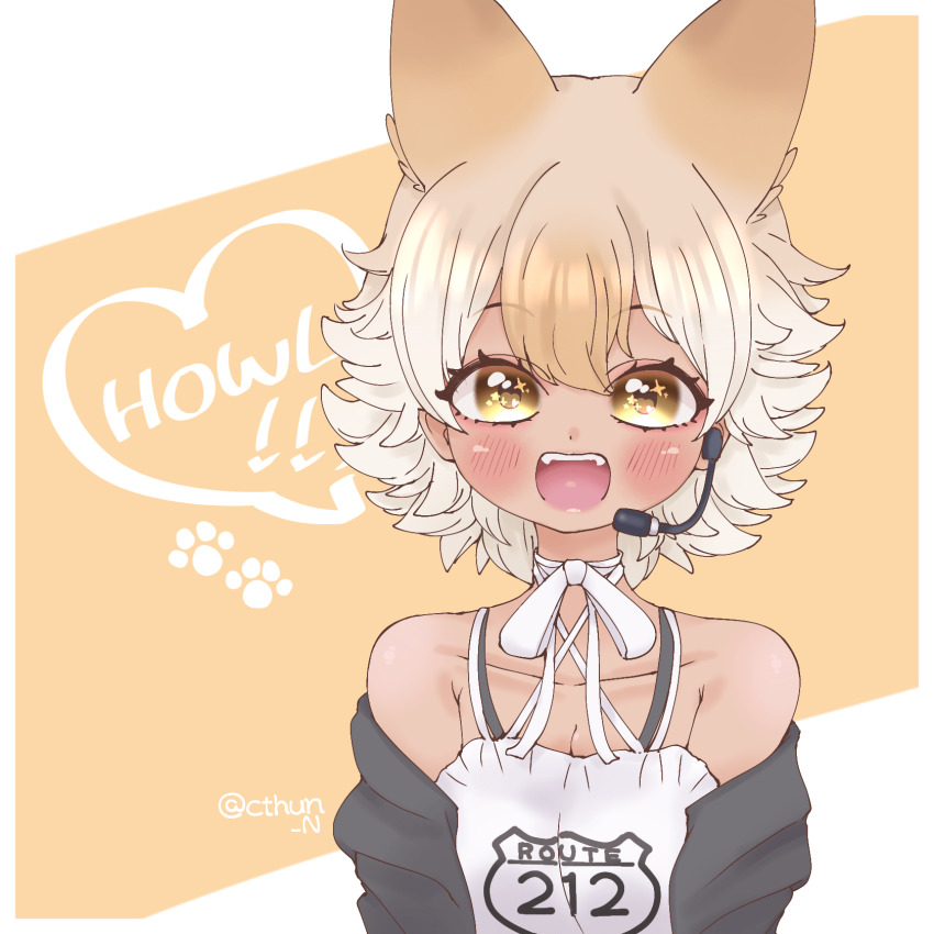 1girl animal_ears bare_shoulders black_jacket blonde_hair brown_background camisole coyote_(kemono_friends) cthun_n extra_ears highres jacket kemono_friends kemono_friends_v_project looking_at_viewer microphone short_hair simple_background smile solo upper_body virtual_youtuber wolf_ears wolf_girl yellow_eyes