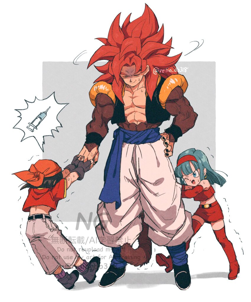 1boy biceps blue_sash body_fur bra_(dragon_ball) dragon_ball dragon_ball_gt father_and_daughter gogeta grandfather_and_grandson highres metamoran_vest monkey_boy monkey_tail muscular muscular_male no_nipples pan_(dragon_ball) pants pectorals red_hair relio_db318 sash simple_background smile spiked_hair super_saiyan super_saiyan_4 tail veins veiny_hands watermark white_pants