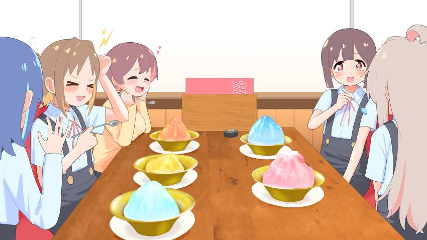 &gt;_&lt; 5girls :d ^_^ absurdres ahoge bare_arms black_skirt blue_hair blunt_bangs brain_freeze breasts brown_hair closed_eyes colored_inner_hair commentary elbow_rest flat_chest flying_sweatdrops food hairband happyundergate heart highres himejoshi holding holding_spoon hozuki_momiji indoors lightning_bolt_symbol long_hair medium_breasts multicolored_hair multiple_girls murosaki_miyo neck_ribbon oka_asahi onii-chan_wa_oshimai! open_mouth orange_hair oyama_mahiro pink_hair plate red_eyes red_hairband red_ribbon ribbon school_uniform shaved_ice shirt short_hair short_sleeves skirt smile spoon suspender_skirt suspenders table tenkawa_nayuta two-tone_hair two_side_up white_shirt xd