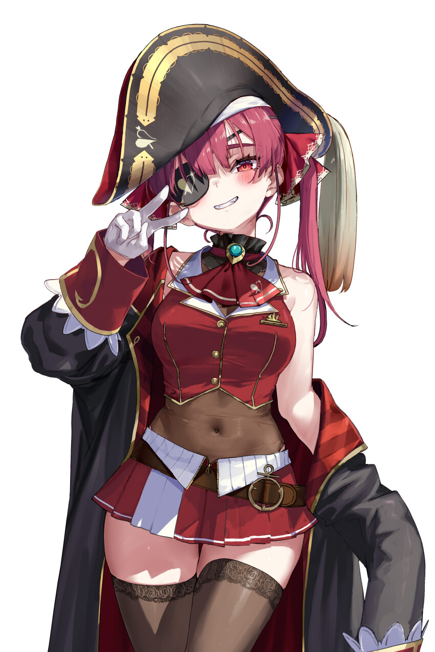 1girl absurdres akasaai ascot bare_shoulders belt bicorne black_choker black_coat black_hat breasts brooch brown_belt brown_thighhighs choker coat coat_partially_removed commentary_request cowboy_shot cropped_jacket eyepatch frilled_choker frills gloves gold_buttons gold_trim grin hair_ribbon hand_up hat highres hololive houshou_marine houshou_marine_(1st_costume) jacket jewelry lace lace-trimmed_thighhighs lace_trim lapel_pin large_breasts leather_belt leotard leotard_under_clothes long_hair miniskirt pirate_hat pleated_skirt red_ascot red_coat red_eyes red_hair red_jacket red_ribbon red_skirt ribbon see-through_clothes see-through_leotard simple_background single_sleeve_past_fingers skirt sleeveless sleeveless_jacket smile solo thighhighs twintails two-sided_coat two-sided_fabric v virtual_youtuber white_background white_gloves