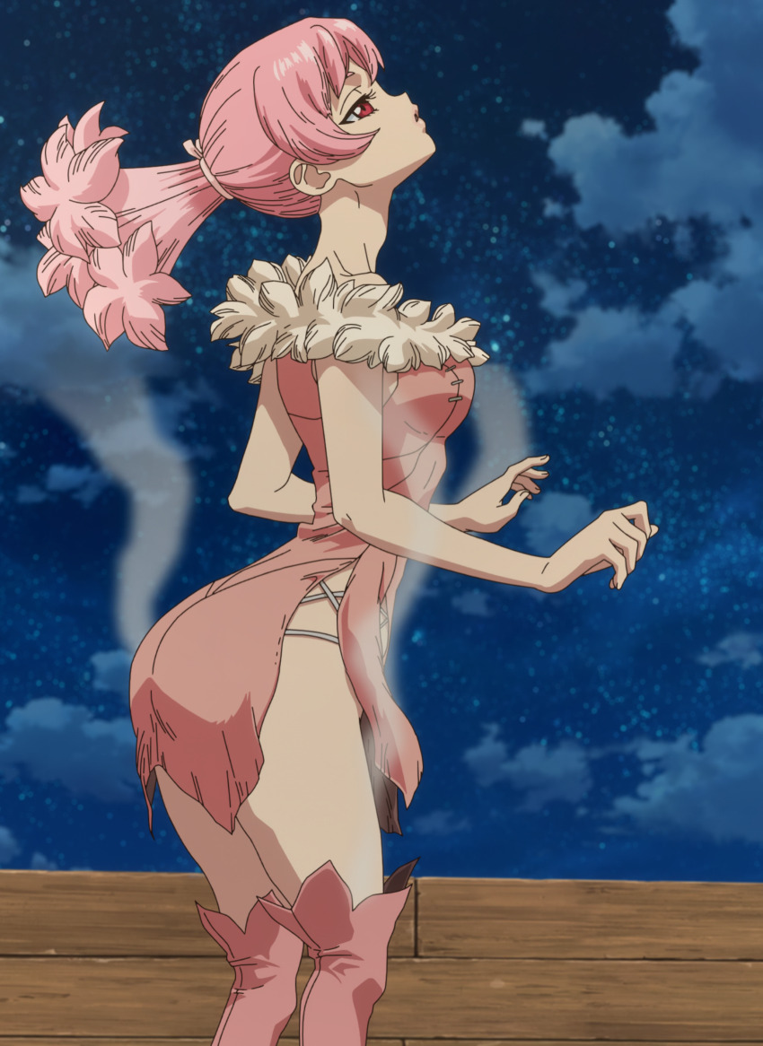 1girl absurdres anime_screenshot boots dr._stone dress fur_trim highres in_tree long_hair minidress momiji_homura pink_dress pink_hair red_eyes short_dress side_slit sleeveless sleeveless_dress thick_lips thigh_boots thighs tree