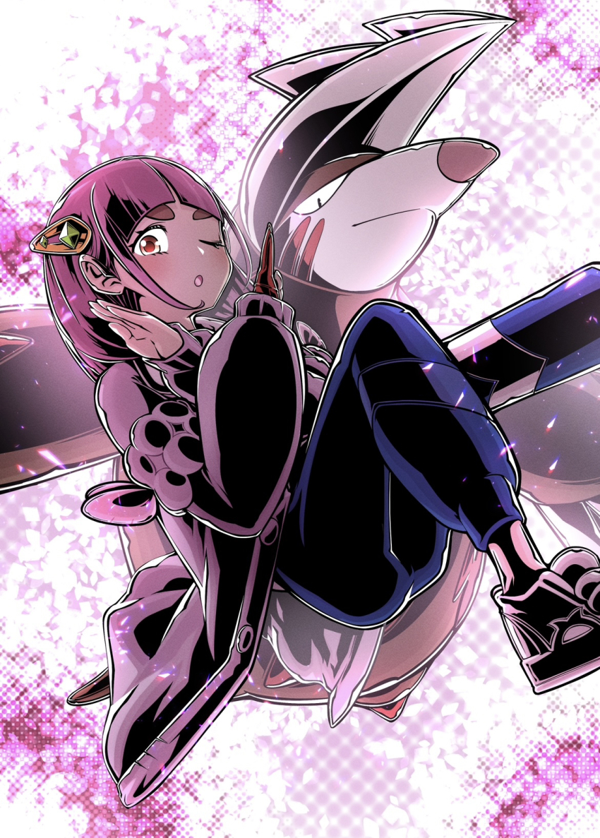 1girl blue_pants brown_hair excadrill gen_5_pokemon highres jacket kakashino_kakato lacey_(pokemon) mole nintendo one_eye_closed pants pink_hair pokemon pokemon_(creature) pokemon_sv purple_jacket