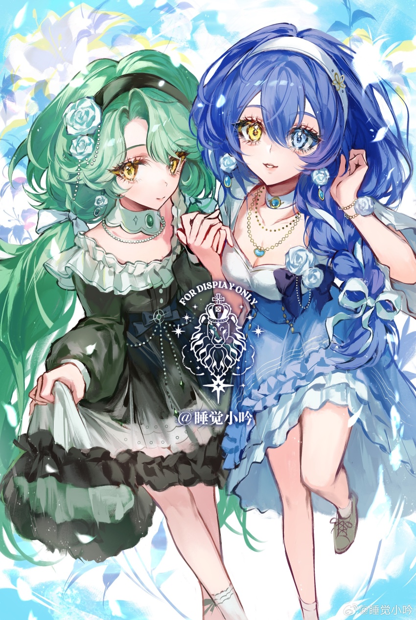 2girls absurdres ankle_socks bare_shoulders beads black_hairband black_ribbon blue_background blue_bow blue_bowtie blue_dress blue_eyes blue_gemstone blue_hair bow bowtie bracelet braid breasts buttons character_request chinese_commentary choker cleavage closed_mouth collar collarbone commentary_request copyright_request dress earrings eyelashes feet_out_of_frame floral_background flower flower_bracelet flower_earrings flower_knot foot_out_of_frame footwear_ribbon frilled_collar frilled_dress frills gem green_dress green_footwear green_hair green_sash green_sleeves hair_between_eyes hair_flower hair_ornament hair_over_shoulder hair_ribbon hairband hand_in_own_hair heart heart_necklace heterochromia highres holding_hands jewelry long_hair long_sleeves looking_at_viewer low_twintails medium_breasts multiple_girls musical_note musical_note_print necklace parted_lips puffy_long_sleeves puffy_sleeves ribbon rose sample_watermark sash shoes short_dress short_sleeves single_braid single_sock skirt_hold smile sneakers socks sparkle_print teeth twintails very_long_hair watermark weibo_watermark white_choker white_flower white_hairband white_ribbon white_rose white_sleeves white_socks wide_sleeves yellow_eyes zi_yin