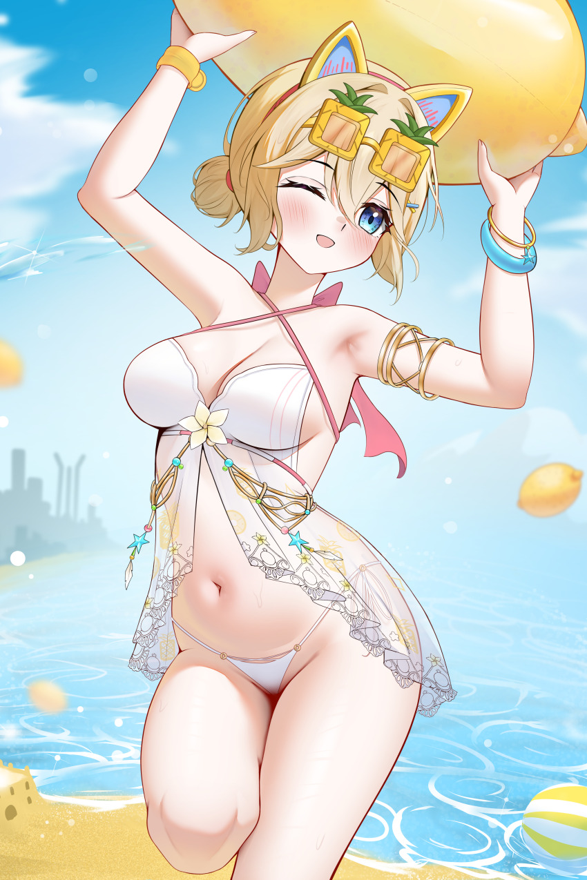 1girl absurdres animal_ear_hairband animal_ears armlet armpits ball bare_shoulders beach beachball bikini blonde_hair blue_eyes blush bracelet breasts camisole cat_ear_hairband cat_ears cleavage eyewear_on_head fake_animal_ears flower food fruit glasses_on_head hair_between_eyes hair_bun halterneck hands_up head_tilt highres holding jewelry knosdeba lemon looking_to_the_side michele_(beat_wave)_(strinova) michele_(strinova) navel ocean one_eye_closed open_mouth outdoors pineapple sand see-through_clothes side-tie_bikini_bottom sidelocks solo standing standing_on_one_leg strinova swimsuit thighhighs wide_hips wink