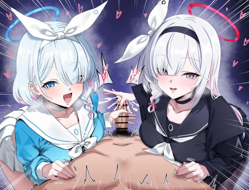 1boy 2girls absurdres alternate_breast_size_(larger) arona_(blue_archive) assertive_female bar_censor blue_archive blue_eyes blue_hair blush braid breasts breath censored clothed_female_nude_male colored_inner_hair cooperative_handjob cum ejaculation erection ffm_threesome glansjob grey_hair group_sex hair_over_one_eye halo handjob heart hetero highres long_hair long_sleeves looking_at_viewer male_pubic_hair multicolored_hair multiple_girls nude open_mouth penis pink_hair plana_(blue_archive) pov pubic_hair sailor_collar school_uniform serafuku single_braid smile speech_bubble teamwork_(sexual) threesome two-tone_hair variant_set white_sailor_collar woo_(woosan)
