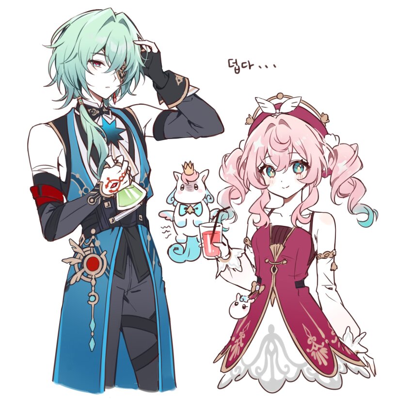 1boy 1girl absurdres adapted_costume anaxa_(honkai:_star_rail) aqua_eyes bare_shoulders black_pants black_sleeves blue_hair commentary_request cup detached_sleeves dress drill_hair drink drinking_straw erlenmeyer_flask flag flask glass gradient_hair green_hair hat highres holding holding_cup holding_drink holding_flag honkai:_star_rail honkai_(series) hyacine_(honkai:_star_rail) kheng_(k_heng1223) korean_commentary korean_text little_ica_(honkai:_star_rail) multicolored_hair pants pink_hair red_dress red_hat simple_background spaghetti_strap translation_request twin_drills two-tone_hair white_background white_sleeves
