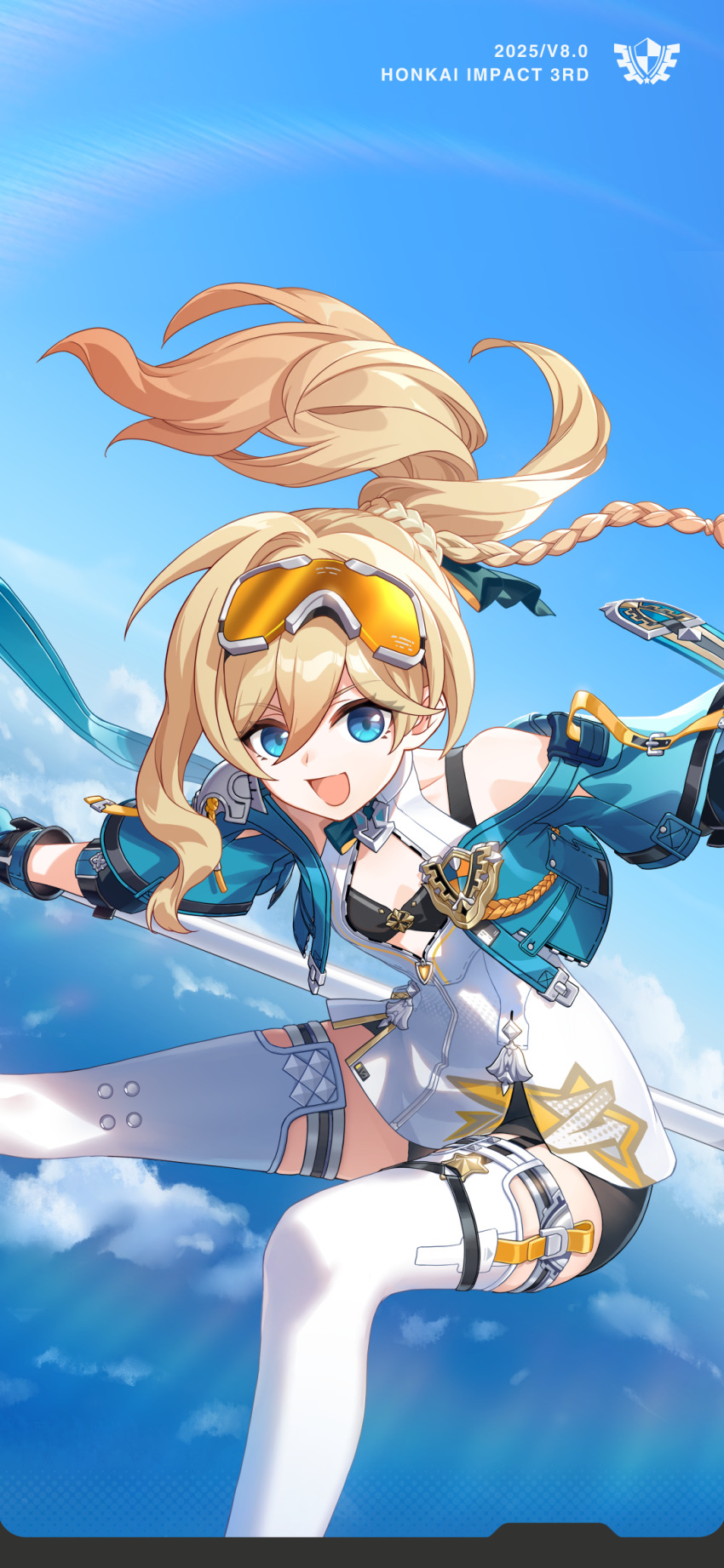 1girl :d aged_down blonde_hair blue_eyes braid breasts durandal_(reign_solaris)_(honkai_impact) fingerless_gloves gloves goggles goggles_on_head hair_between_eyes highres holding holding_polearm holding_weapon honkai_(series) honkai_impact_3rd jacket lens_flare long_hair long_sleeves looking_at_viewer midair official_art open_mouth orange-tinted_eyewear polearm ponytail shorts skating sky small_breasts smile solo thighhighs tinted_eyewear weapon white_thighhighs