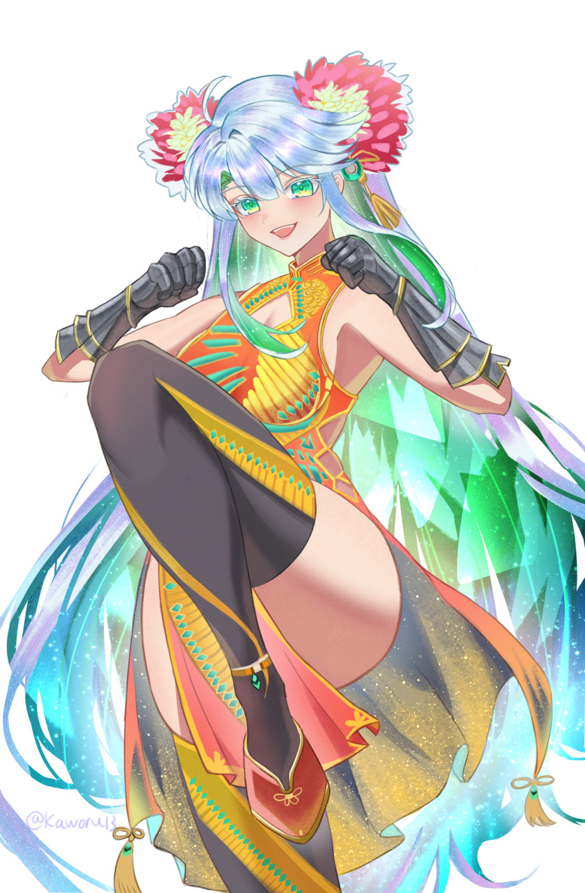 1girl absurdres bare_shoulders blue_hair blush braid breasts cleavage colored_inner_hair dress fate/grand_order fate_(series) green_eyes green_hair highres kaworu13 kukulkan_(fate) large_breasts long_hair looking_at_viewer multicolored_hair open_mouth sidelocks smile solo thighhighs thighs